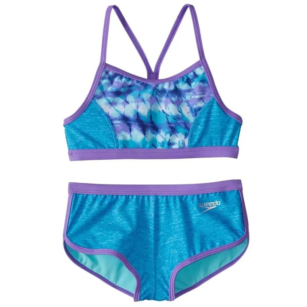 Speedo Girl's Digi ZigZag Bikini Set 8 Cyan Blue 2 PC Racerback & Boyshorts